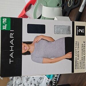 Tahari Size XL Navy and Grey 2 Pack of Ribbed Cotton T-Shirts